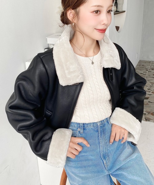セール】フェイクレザー×フェイクファームートンショートブルゾン