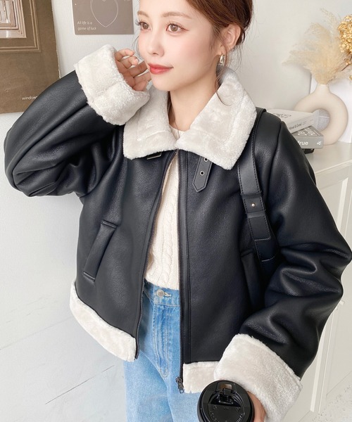 セール】フェイクレザー×フェイクファームートンショートブルゾン