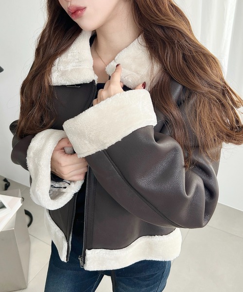 セール】フェイクレザー×フェイクファームートンショートブルゾン