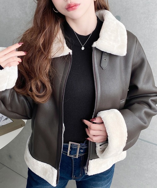 セール】フェイクレザー×フェイクファームートンショートブルゾン