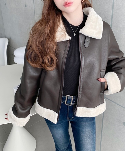 セール】フェイクレザー×フェイクファームートンショートブルゾン