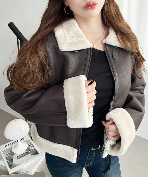 セール】フェイクレザー×フェイクファームートンショートブルゾン