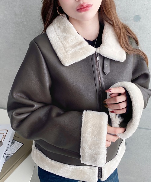 セール】フェイクレザー×フェイクファームートンショートブルゾン