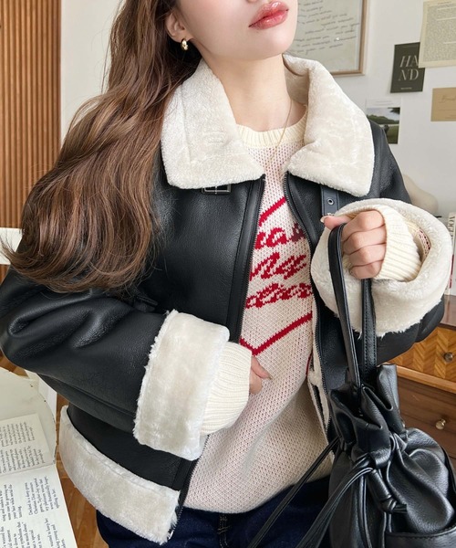 セール】フェイクレザー×フェイクファームートンショートブルゾン