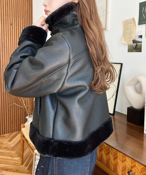 セール】フェイクレザー×フェイクファームートンショートブルゾン