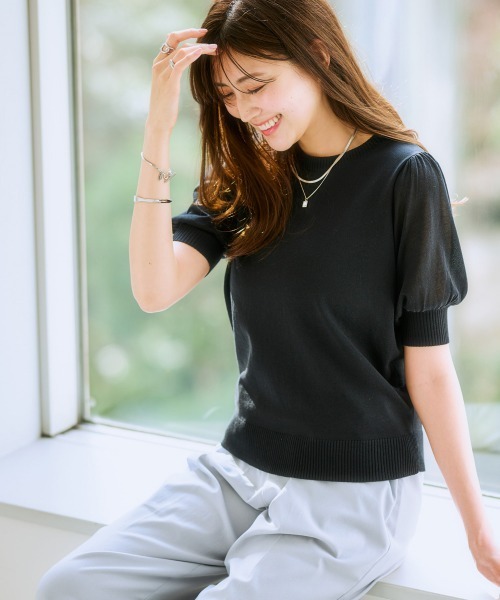 7days Life Styling（セブンデイズライフスタイリング）の「（接触冷感・毛玉になりにくい・ＵＶカット）綿混シアー袖ニット（ニット/セーター・レディース・グレイッシュベージュ/ブラック/テラコッタ/シルバーグレー/ブルー・S/M/L/LL/3L）」の7枚目の写真