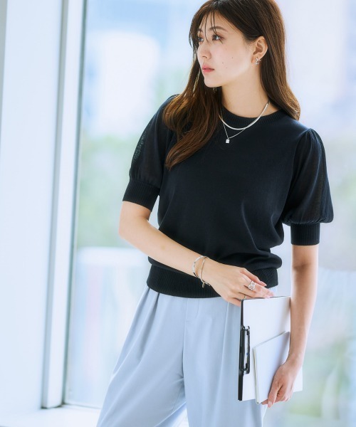 7days Life Styling（セブンデイズライフスタイリング）の「（接触冷感・毛玉になりにくい・ＵＶカット）綿混シアー袖ニット（ニット/セーター・レディース・グレイッシュベージュ/ブラック/テラコッタ/シルバーグレー/ブルー・S/M/L/LL/3L）」の8枚目の写真