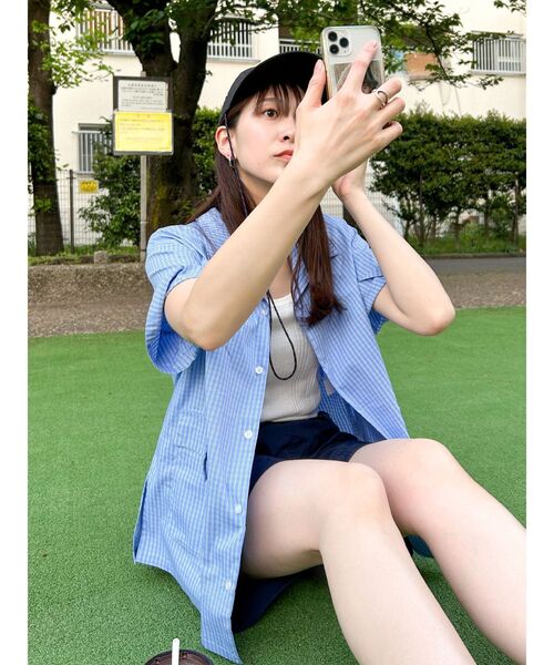Ungrid（アングリッド）の「【WEB限定】ハーフスリーブチェックルーズシャツ（シャツ/ブラウス・レディース・ネイビー/ブルー/オフホワイト・FREE）」の4枚目の写真