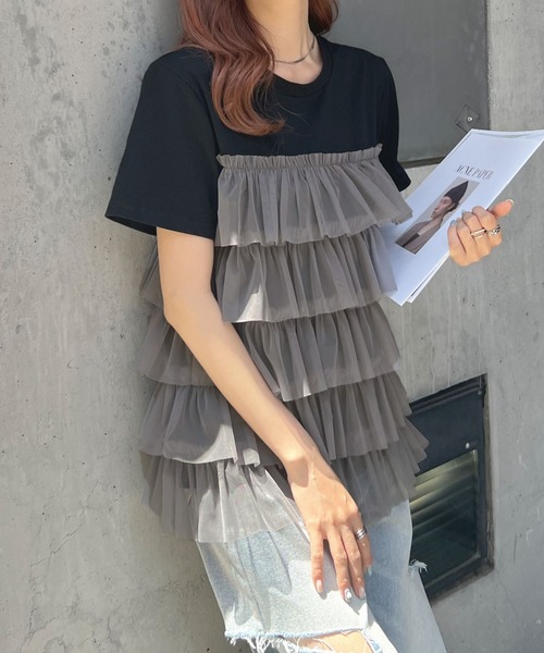 Futier land（フューティアランド）の「チュールティアードドッキングTシャツ（Tシャツ/カットソー・レディース・ホワイト/ブラック/ホワイト系その他/ブラック系その他・FREE）」の4枚目の写真