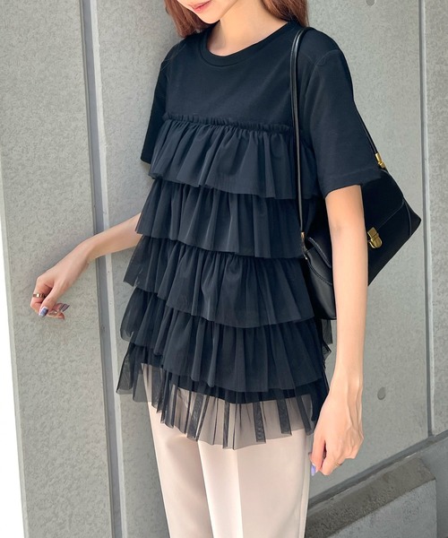 Futier land（フューティアランド）の「チュールティアードドッキングTシャツ（Tシャツ/カットソー・レディース・ホワイト/ブラック/ホワイト系その他/ブラック系その他・FREE）」の3枚目の写真