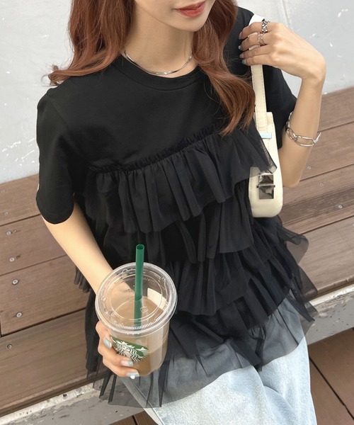 Futier land（フューティアランド）の「チュールティアードドッキングTシャツ（Tシャツ/カットソー・レディース・ホワイト/ブラック/ホワイト系その他/ブラック系その他・FREE）」の6枚目の写真