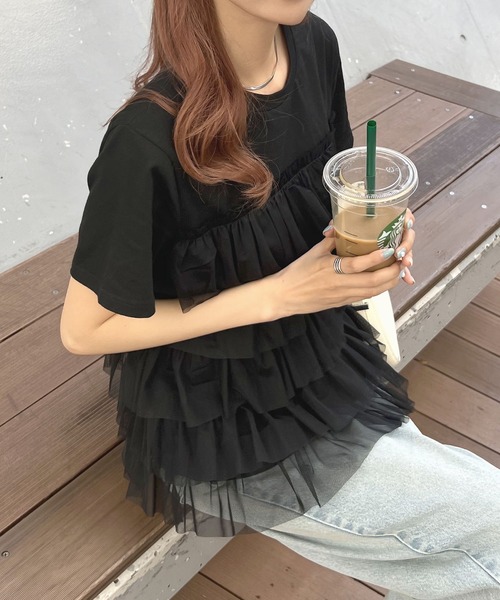 Futier land（フューティアランド）の「チュールティアードドッキングTシャツ（Tシャツ/カットソー・レディース・ホワイト/ブラック/ホワイト系その他/ブラック系その他・FREE）」の7枚目の写真