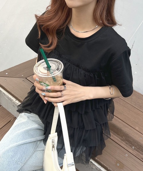 Futier land（フューティアランド）の「チュールティアードドッキングTシャツ（Tシャツ/カットソー・レディース・ホワイト/ブラック/ホワイト系その他/ブラック系その他・FREE）」の8枚目の写真