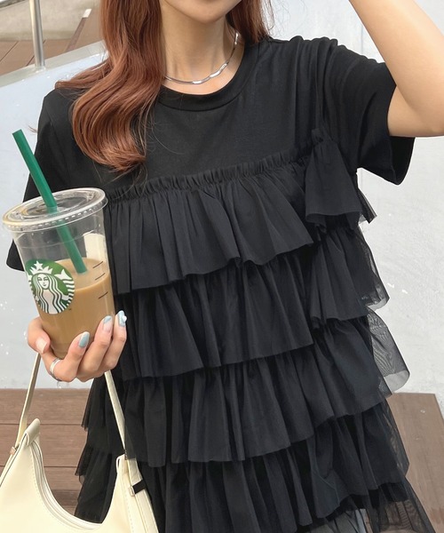 Futier land（フューティアランド）の「チュールティアードドッキングTシャツ（Tシャツ/カットソー・レディース・ホワイト/ブラック/ホワイト系その他/ブラック系その他・FREE）」の9枚目の写真