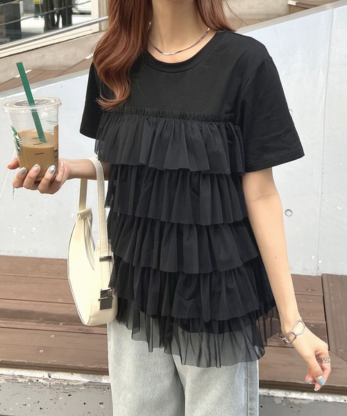 Futier land（フューティアランド）の「チュールティアードドッキングTシャツ（Tシャツ/カットソー・レディース・ホワイト/ブラック/ホワイト系その他/ブラック系その他・FREE）」の10枚目の写真