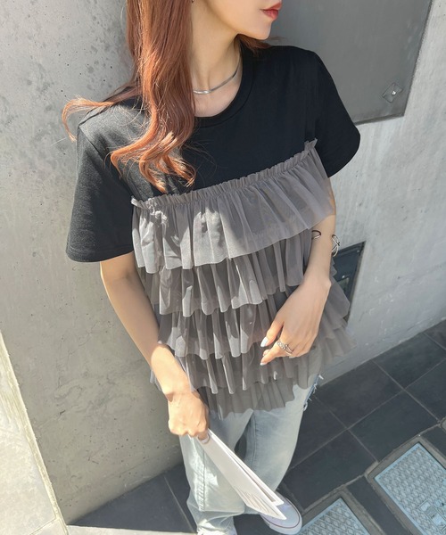 Futier land（フューティアランド）の「チュールティアードドッキングTシャツ（Tシャツ/カットソー・レディース・ホワイト/ブラック/ホワイト系その他/ブラック系その他・FREE）」の16枚目の写真