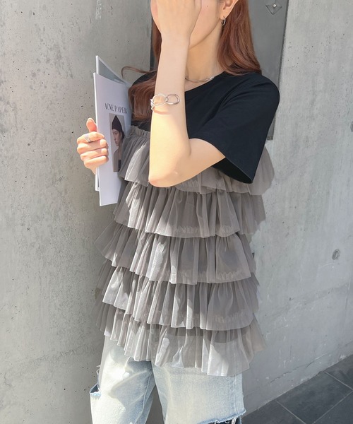 Futier land（フューティアランド）の「チュールティアードドッキングTシャツ（Tシャツ/カットソー・レディース・ホワイト/ブラック/ホワイト系その他/ブラック系その他・FREE）」の17枚目の写真