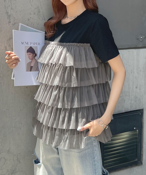 Futier land（フューティアランド）の「チュールティアードドッキングTシャツ（Tシャツ/カットソー・レディース・ホワイト/ブラック/ホワイト系その他/ブラック系その他・FREE）」の18枚目の写真