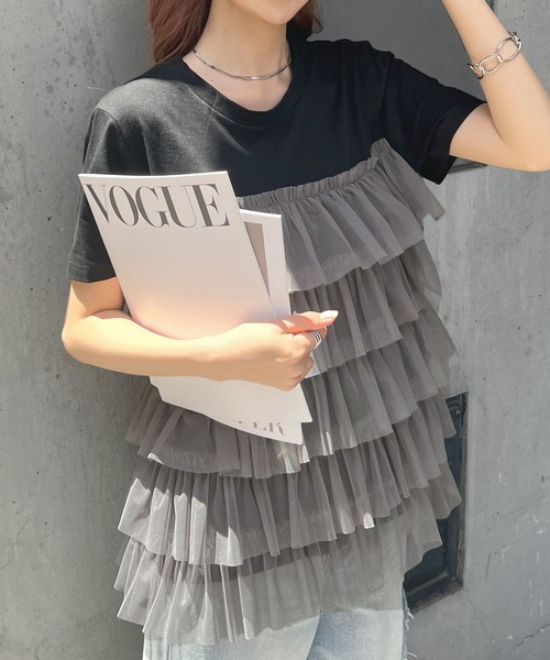 Futier land（フューティアランド）の「チュールティアードドッキングTシャツ（Tシャツ/カットソー・レディース・ホワイト/ブラック/ホワイト系その他/ブラック系その他・FREE）」の19枚目の写真