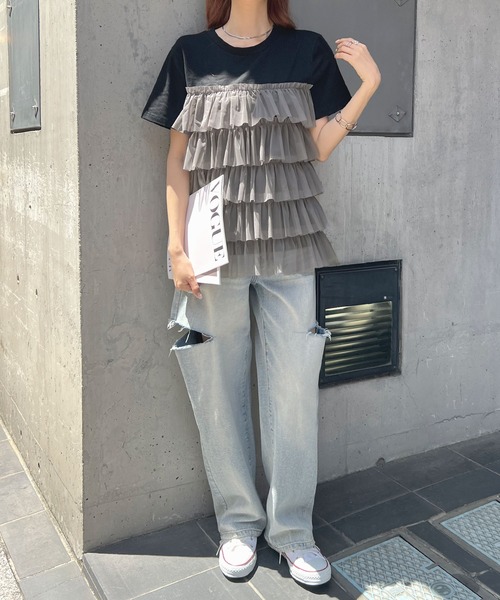 Futier land（フューティアランド）の「チュールティアードドッキングTシャツ（Tシャツ/カットソー・レディース・ホワイト/ブラック/ホワイト系その他/ブラック系その他・FREE）」の21枚目の写真