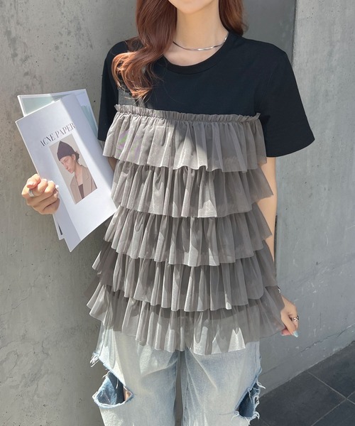 Futier land（フューティアランド）の「チュールティアードドッキングTシャツ（Tシャツ/カットソー・レディース・ホワイト/ブラック/ホワイト系その他/ブラック系その他・FREE）」の22枚目の写真