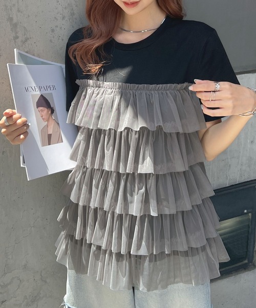 チュールティアードドッキングTシャツ（Tシャツ/カットソー