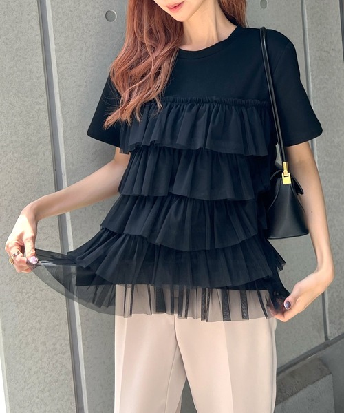 チュールティアードドッキングTシャツ（Tシャツ/カットソー
