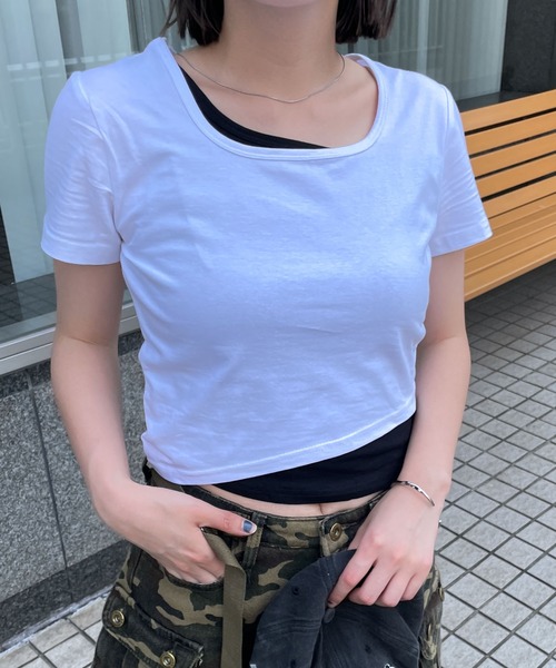 WEGO(ウィゴー)の「WEGO/アシンメトリーバイカラートップス(Tシャツ/カットソー・レディース・ブラック/ホワイト・FREE)」の2枚目の写真