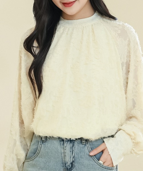 Lace Ladies（レースレディース）の「花柄 シャギー ボリューム袖 ギャザー シアー ブラウス（シャツ/ブラウス・レディース・アイボリー/ブラック/ホワイト/ブラウン・FREE/S）」の3枚目の写真