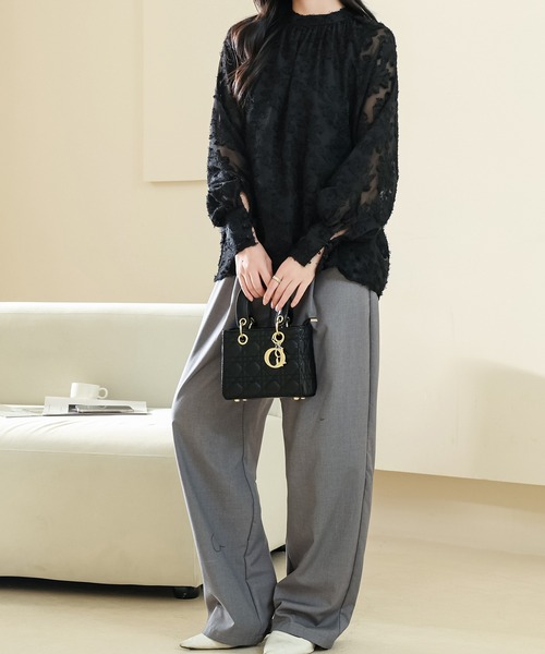 Lace Ladies（レースレディース）の「花柄 シャギー ボリューム袖 ギャザー シアー ブラウス（シャツ/ブラウス・レディース・アイボリー/ブラック/ホワイト/ブラウン・FREE/S）」の5枚目の写真