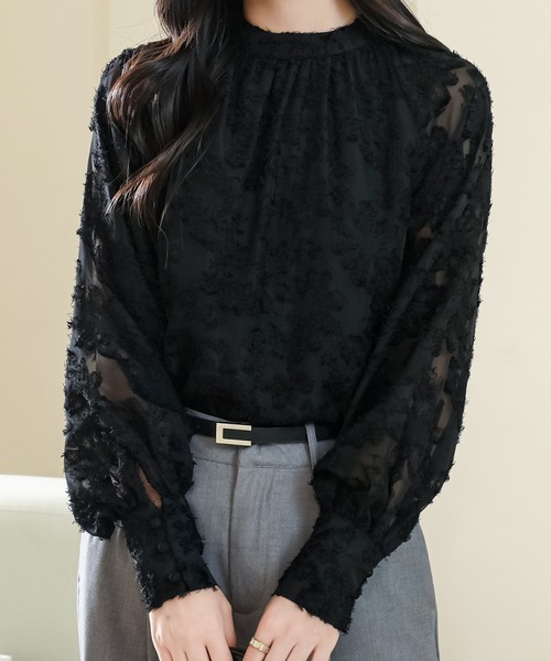Lace Ladies（レースレディース）の「花柄 シャギー ボリューム袖 ギャザー シアー ブラウス（シャツ/ブラウス・レディース・アイボリー/ブラック/ホワイト/ブラウン・FREE/S）」の7枚目の写真