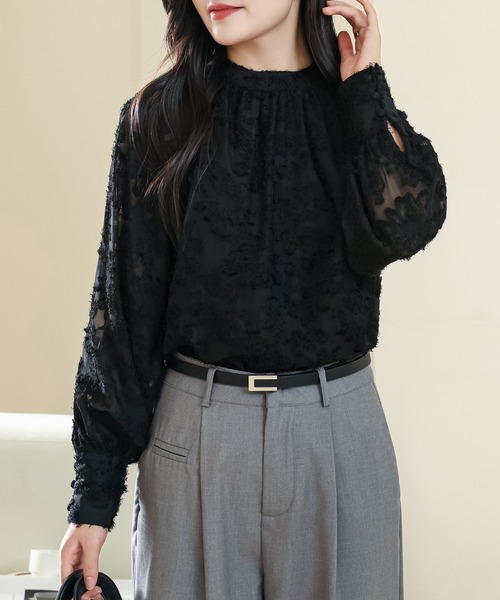Lace Ladies（レースレディース）の「花柄 シャギー ボリューム袖 ギャザー シアー ブラウス（シャツ/ブラウス・レディース・アイボリー/ブラック/ホワイト/ブラウン・FREE/S）」の9枚目の写真