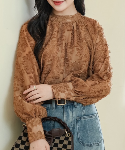 Lace Ladies（レースレディース）の「花柄 シャギー ボリューム袖 ギャザー シアー ブラウス（シャツ/ブラウス・レディース・アイボリー/ブラック/ホワイト/ブラウン・FREE/S）」の10枚目の写真