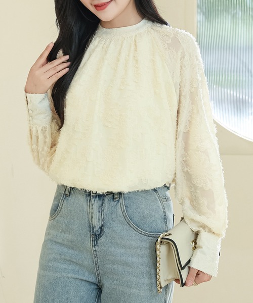Lace Ladies（レースレディース）の「花柄 シャギー ボリューム袖 ギャザー シアー ブラウス（シャツ/ブラウス・レディース・アイボリー/ブラック/ホワイト/ブラウン・FREE/S）」の20枚目の写真