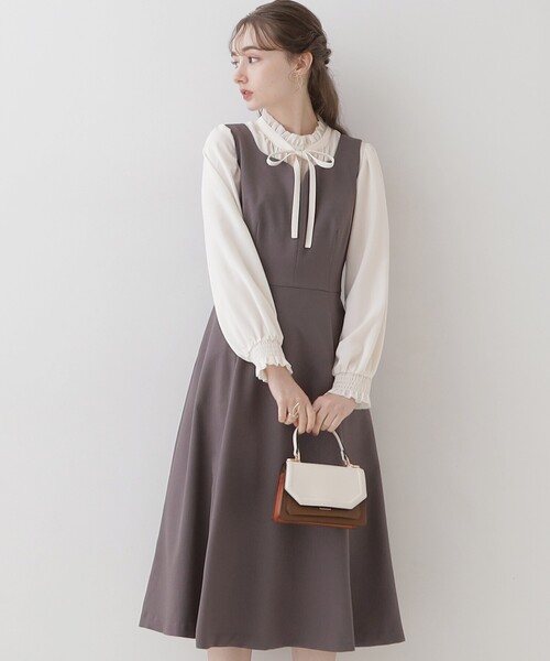 couture brooch（クチュールブローチ）の「◆【美シルエット・ほろ甘ジャンスカ】フィット＆フレアージャンスカ（ワンピース・レディース・ライトグレー/ダークグレー/キャメル・36/38/40/42）」の2枚目の写真