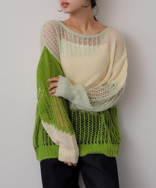SENSE OF PLACE by URBAN RESEARCH（センスオブプレイスバイアーバンリサーチ）の「モヘアタッチパッチワークセーター（ニット/セーター・レディース・オフホワイト/グリーン系その他/ブルー系その他・ONE）」の2枚目の写真