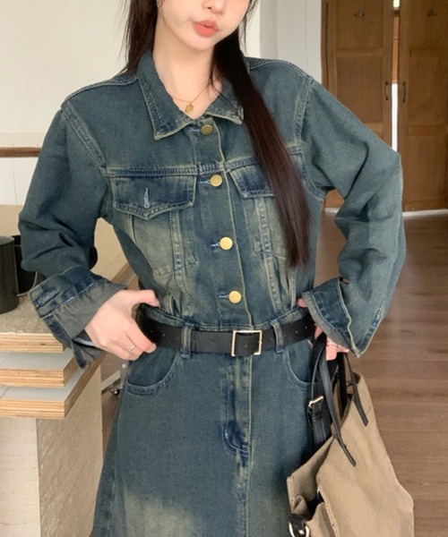 aimoha（アイモハ）の「ベルト付きデニムロングワンピース（ワンピース・レディース・ブルー・LARGE/MEDIUM/SMALL）」の7枚目の写真