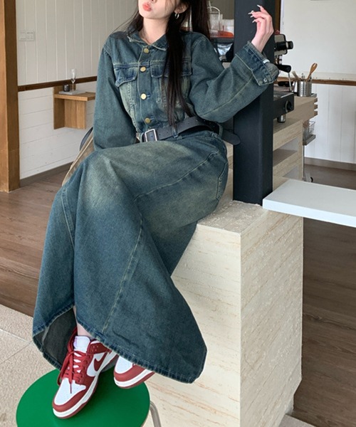 aimoha（アイモハ）の「ベルト付きデニムロングワンピース（ワンピース・レディース・ブルー・LARGE/MEDIUM/SMALL）」の11枚目の写真