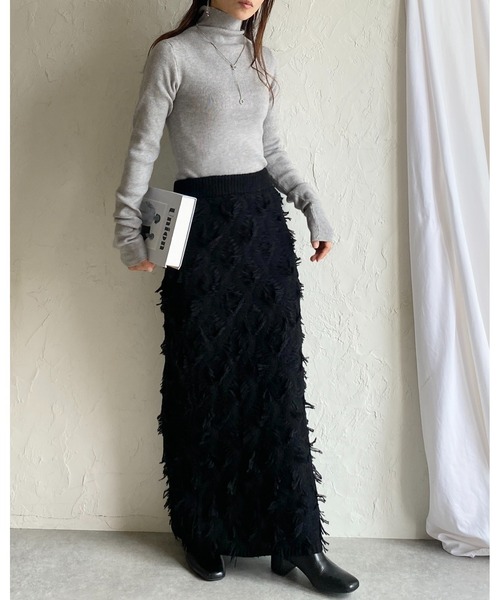 She's Closet（シーズクローゼット）の「ミックスフリンジジャガードハイウエストニットタイトロングスカート（スカート・レディース・ブラック/アイボリー/グレー・FREE）」の17枚目の写真