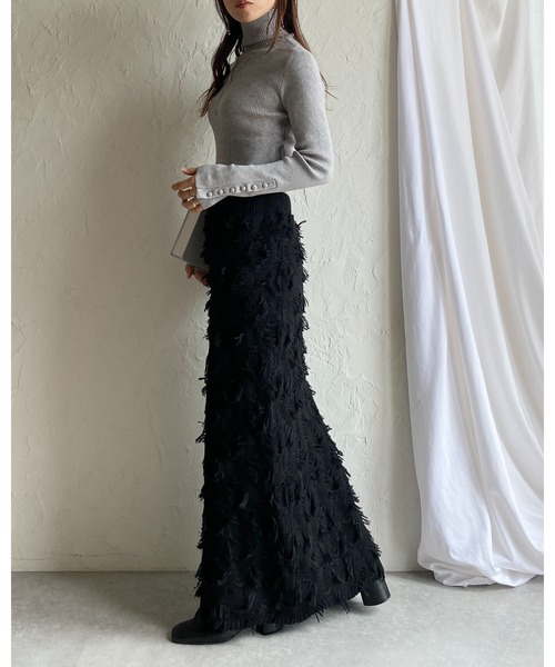 She's Closet（シーズクローゼット）の「ミックスフリンジジャガードハイウエストニットタイトロングスカート（スカート・レディース・ブラック/アイボリー/グレー・FREE）」の19枚目の写真