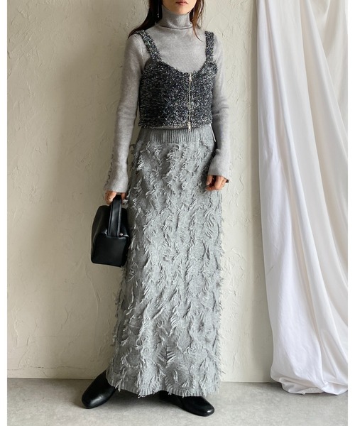 She's Closet（シーズクローゼット）の「ミックスフリンジジャガードハイウエストニットタイトロングスカート（スカート・レディース・ブラック/アイボリー/グレー・FREE）」の8枚目の写真