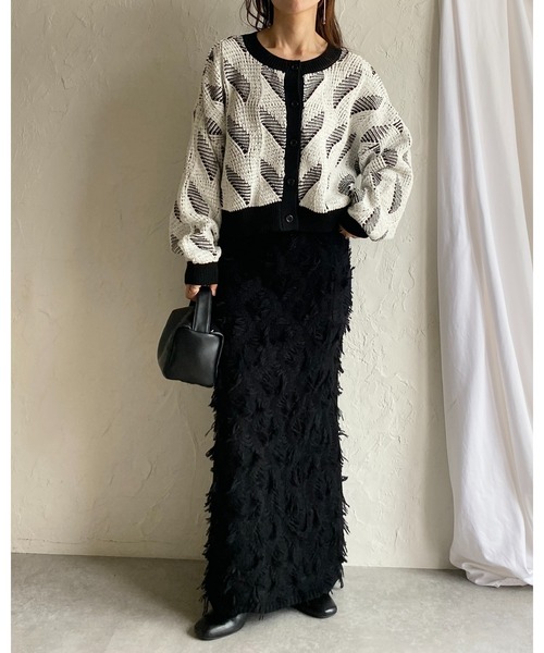 She's Closet（シーズクローゼット）の「ミックスフリンジジャガードハイウエストニットタイトロングスカート（スカート・レディース・ブラック/アイボリー/グレー・FREE）」の14枚目の写真