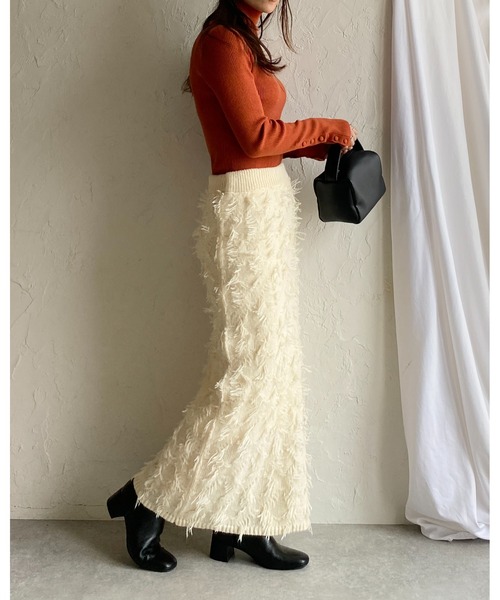 She's Closet（シーズクローゼット）の「ミックスフリンジジャガードハイウエストニットタイトロングスカート（スカート・レディース・ブラック/アイボリー/グレー・FREE）」の10枚目の写真