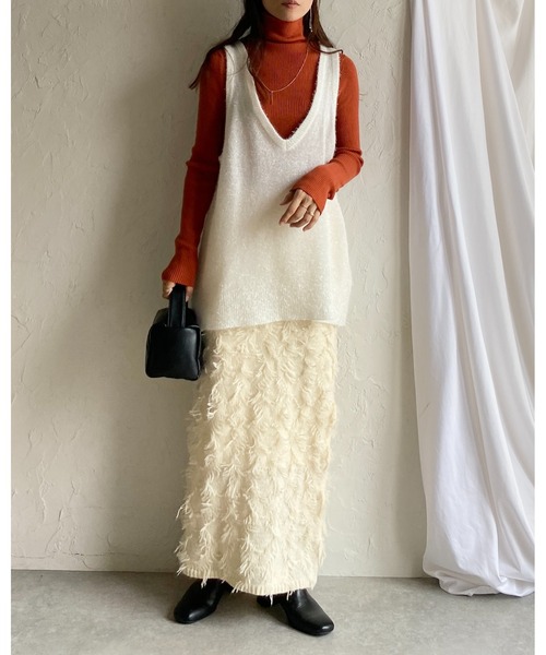 She's Closet（シーズクローゼット）の「ミックスフリンジジャガードハイウエストニットタイトロングスカート（スカート・レディース・ブラック/アイボリー/グレー・FREE）」の11枚目の写真