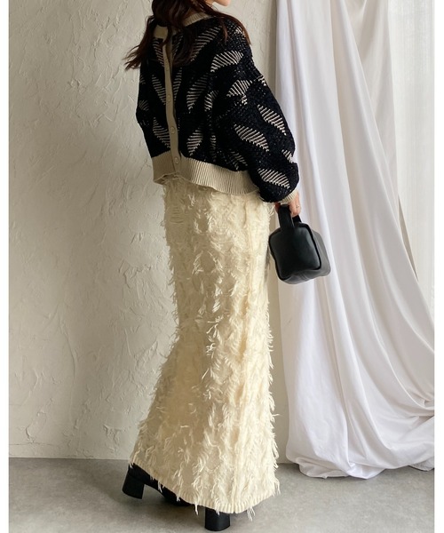 She's Closet（シーズクローゼット）の「ミックスフリンジジャガードハイウエストニットタイトロングスカート（スカート・レディース・ブラック/アイボリー/グレー・FREE）」の12枚目の写真