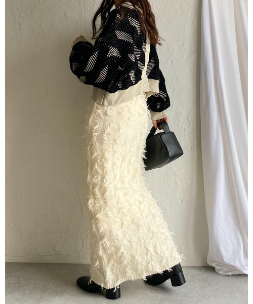 She's Closet（シーズクローゼット）の「ミックスフリンジジャガードハイウエストニットタイトロングスカート（スカート・レディース・ブラック/アイボリー/グレー・FREE）」の16枚目の写真