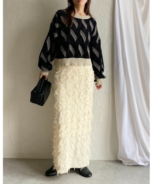 She's Closet（シーズクローゼット）の「ミックスフリンジジャガードハイウエストニットタイトロングスカート（スカート・レディース・ブラック/アイボリー/グレー・FREE）」の13枚目の写真