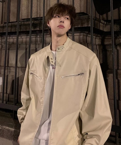 セール】シングルブレスト ライダースブルゾン フェイクレザー