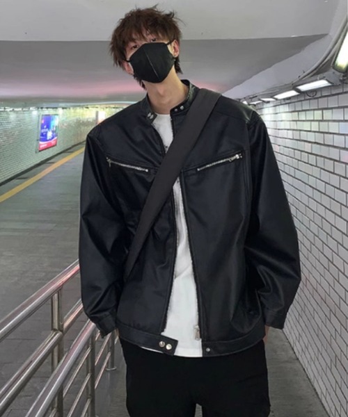 セール】シングルブレスト ライダースブルゾン フェイクレザー セール】シングルブレスト ライダースブルゾン フェイクレザー