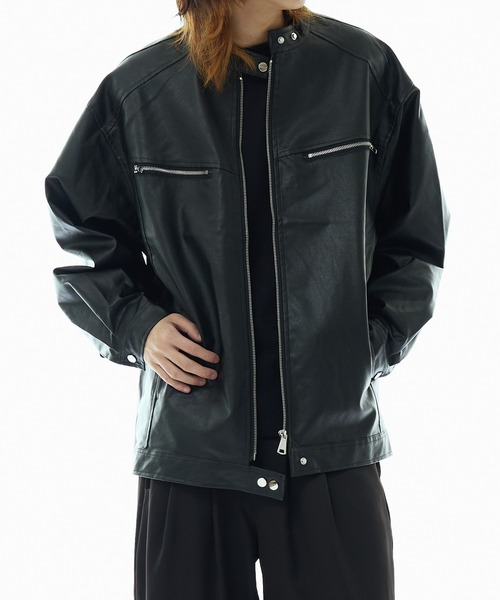 セール】シングルブレスト ライダースブルゾン フェイクレザー
